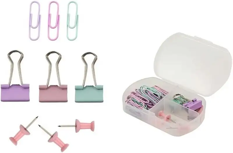 SET VARIADO ESCRITORIO CLIPS PINZAS PALAS CHINCHETAS PASTEL