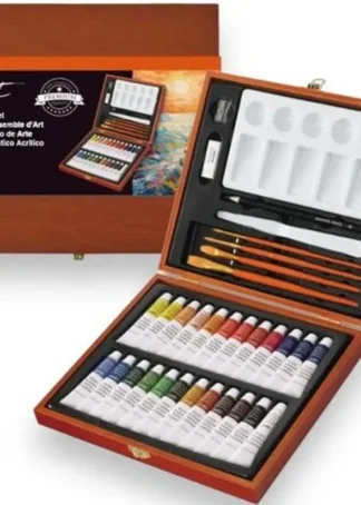 CAJA MADERA 34 TUBOS PINTURA ACRILICA 12ML ARTIST COLORES