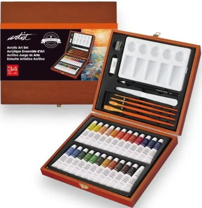 CAJA MADERA 34 TUBOS PINTURA ACRILICA 12ML ARTIST COLORES