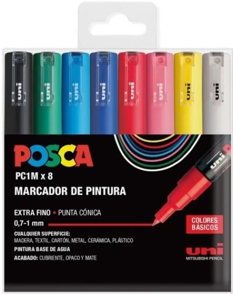ESTUCHE 8 ROTULADORES POSCA PC1M UNI-BALL COLORES BASICOS