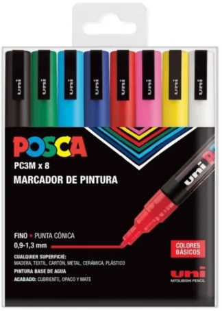 ESTUCHE 8 ROTULADORES POSCA PC3MR UNI-BALL COLORES BASICOS