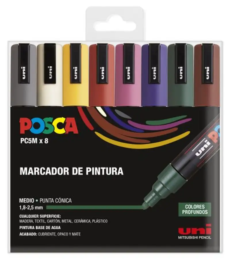 ESTUCHE 8 ROTULADORES POSCA PC5M UNI-BALL COLORES PROFUNDOS