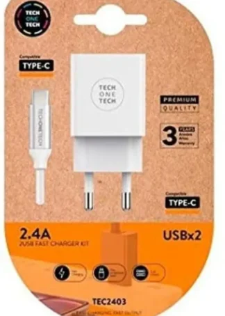 CARGADOR DOBLE + CABLE BRAIDED NYLON USB-C COLOR BLANCO
