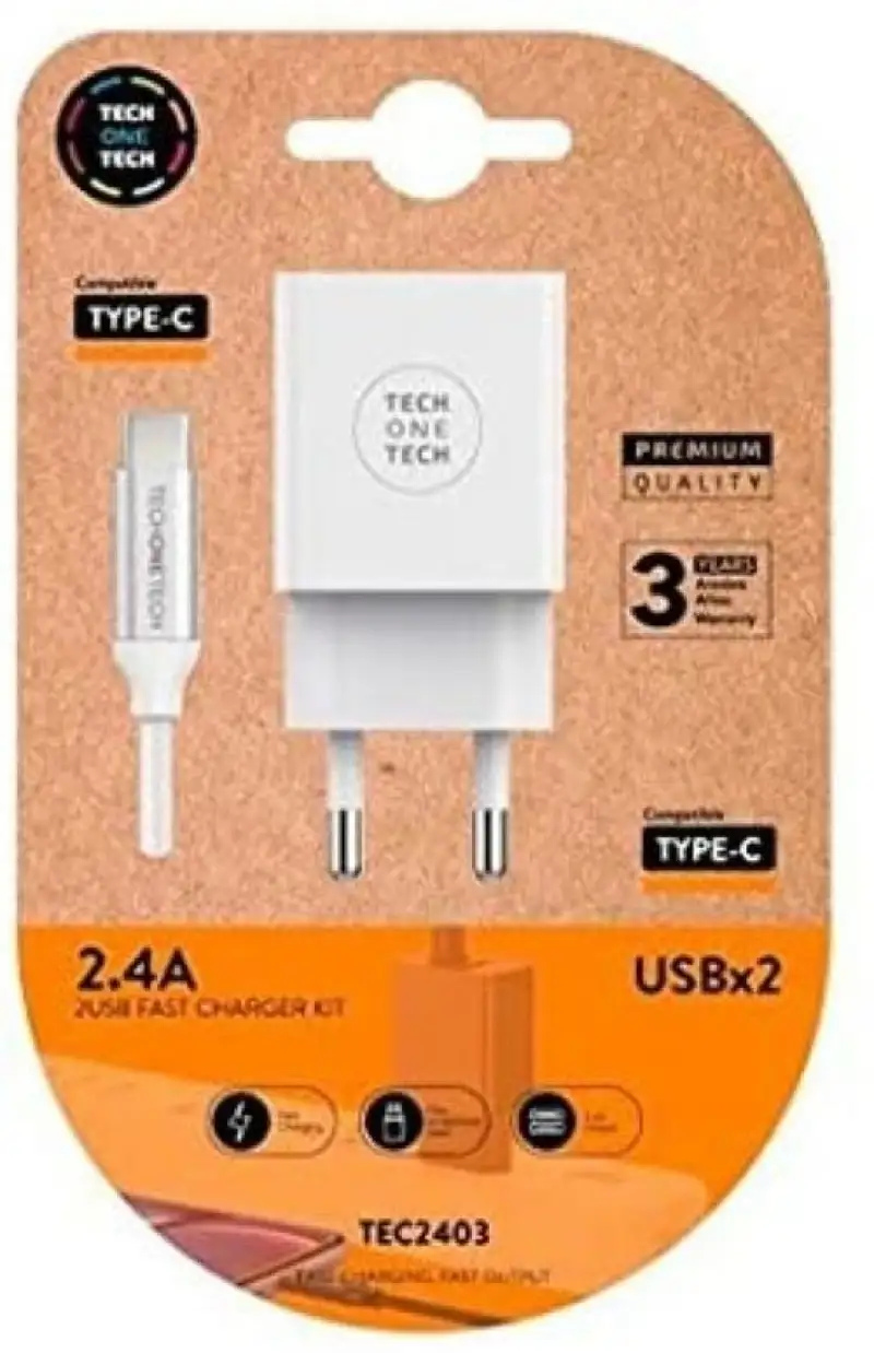 CARGADOR DOBLE + CABLE BRAIDED NYLON USB-C COLOR BLANCO