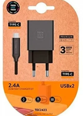 CARGADOR DOBLE + CABLE BRAIDED NYLON USB-C COLOR NEGRO