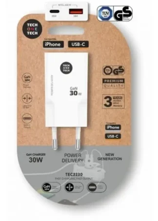 CARGADOR ULTRARRAPIDO GAN 30W USB-C+USB-A BLANCO