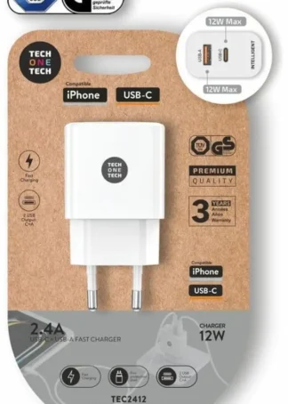 CARGADOR 12W SALIDA USBC + USBA BLANCO