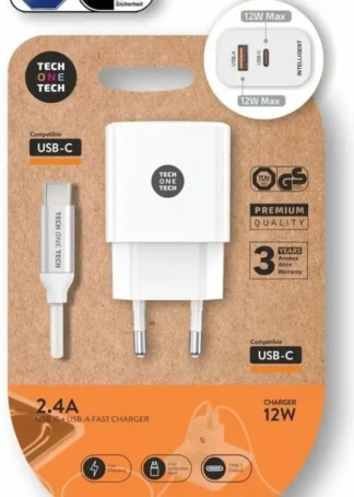 CARGADOR 12W + CABLE USBC SALIDA USBC Y USBA BLANCO