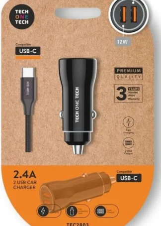 CARGADOR MECHERO COCHE + CABLE USBC NEGRO 12W NEGRO